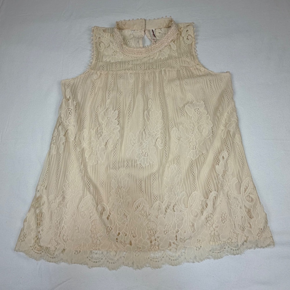 Xhilaration Womens Cream Floral Lace Sleeveless High Neck Blouse Top Large‎